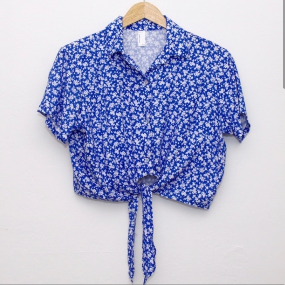 American Apparel Crop Blue floral Collared Top